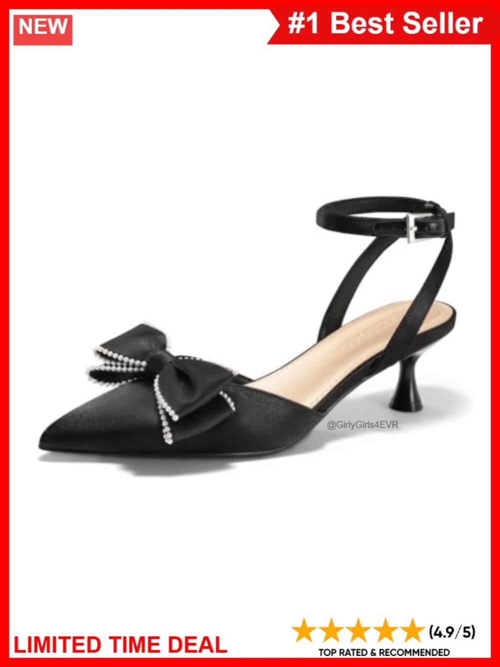 Satin Kitten Heel Pumps Bow Pearl Pointed Toe Ankle Strap Wedding Dress Shoes